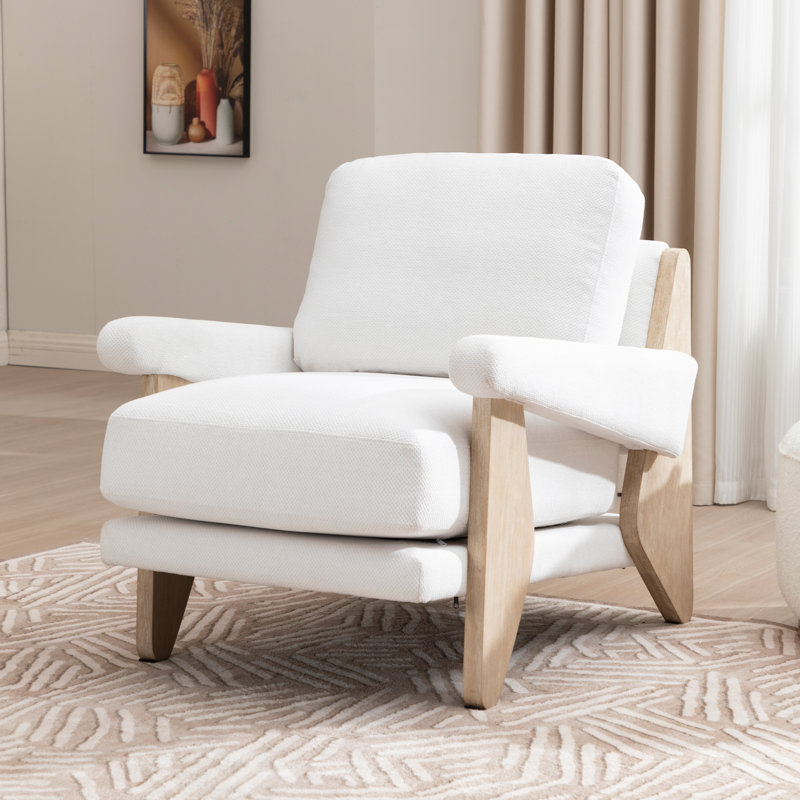 Thickly Padded Linen Solid Wood Armchair, White Linen