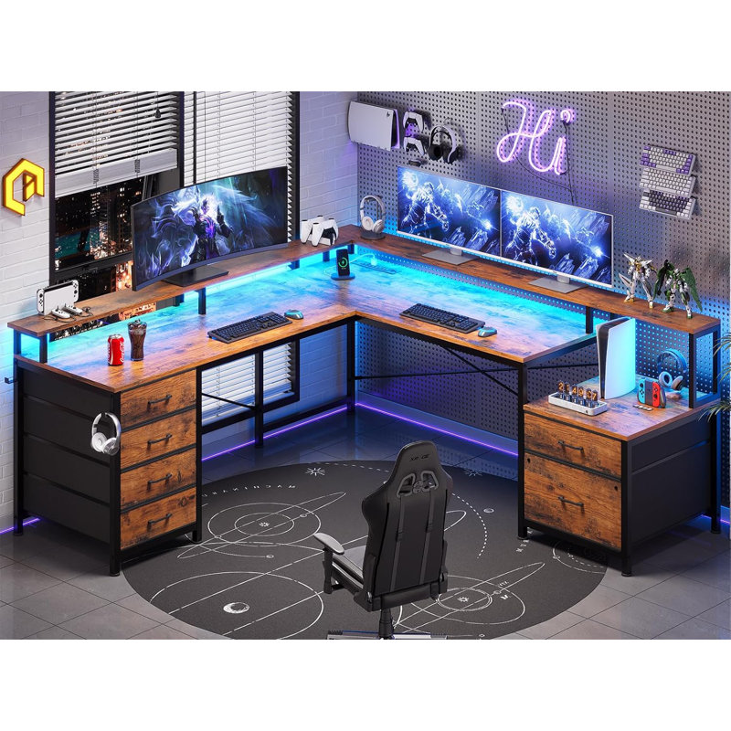 Rockville 108.2'' W L-Shaped Computer Desk with Drawers and Power Outlets, Rustic Brown/Black