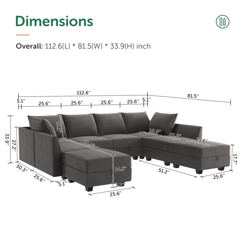 Tremee U Shaped Modular Velvet Sectional Couch, Gray Velvet