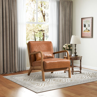 25.78" Wide Mid Century Faux Leather Accent Chair with an Extra Pillow