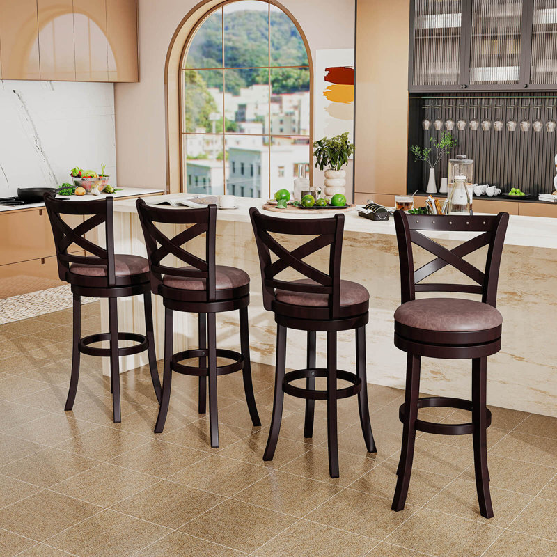 29 "Tabouret de bar pivotant 29" avec repose-pieds et structure en bois d'hévéa pour îlot de cuisine, 2