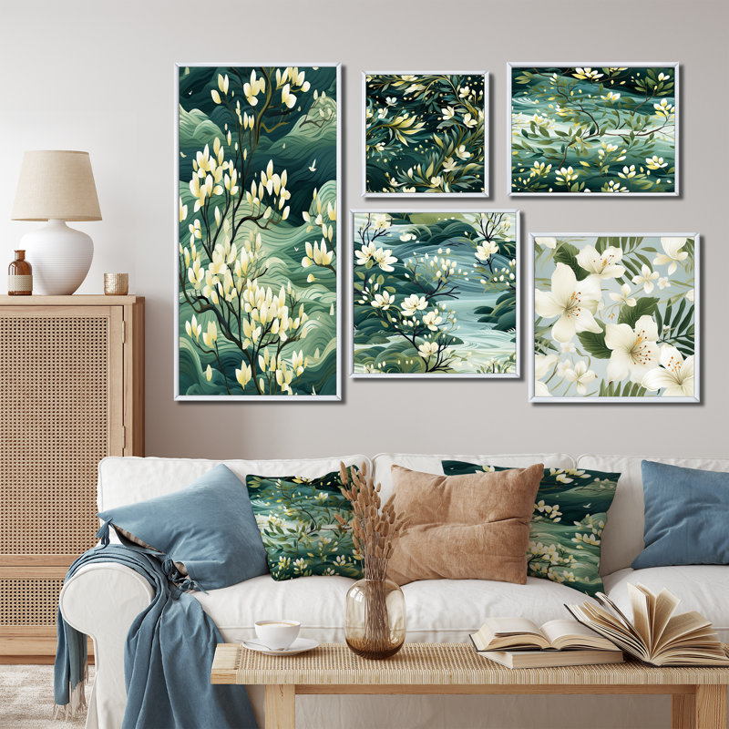 «Mangrove Serenity Tropical» - ensemble de 5 reproductions d'art mural tropical, Cadre flottant blanc