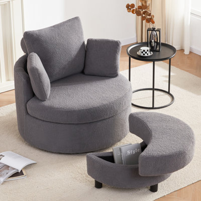 Round Oversized Swivel Barrel Chair with Half Moon Ottoman and Double Storage