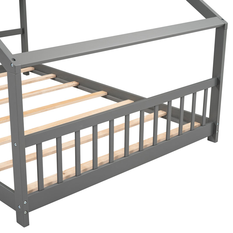 Lit de maison gris en bois de taille double - idéal pour le plaisir et le sommeil, avec structure de toit robuste, l 56,3 po de large, repose-pieds requis pour l'assemblage, grand lit de H 53,9 po