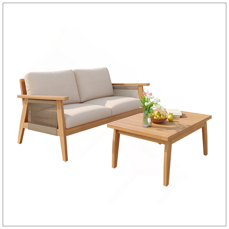 Ensemble de conversation d'extérieur 2 pièces en bois d'acacia et corde