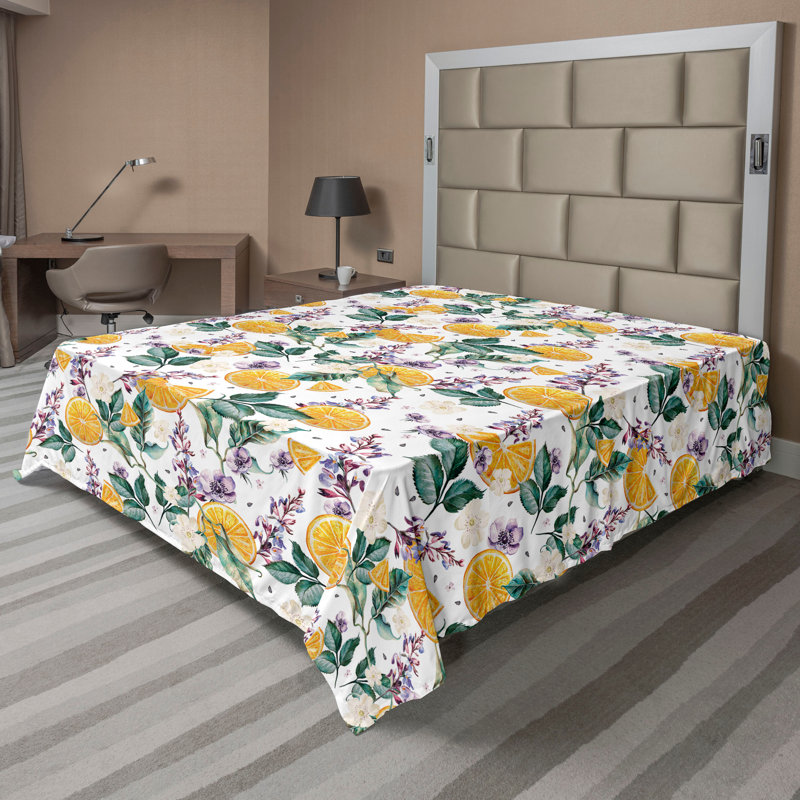 Ambesonne Flowers Flat Sheet Nostalgia Farmhouse, Dark Teal Marigold and Lilac