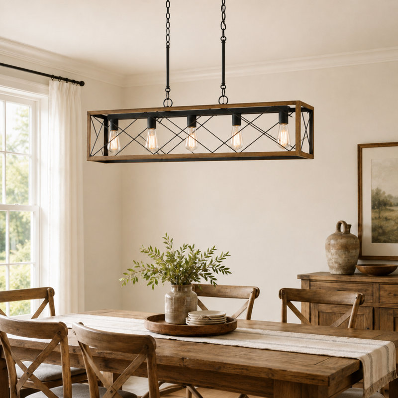 Lustre linéaire pour îlot de cuisine à intensité variable Evys, Bois de pin / zinc vieilli, 5, H 109 po x l 36 po x P 7,78 po