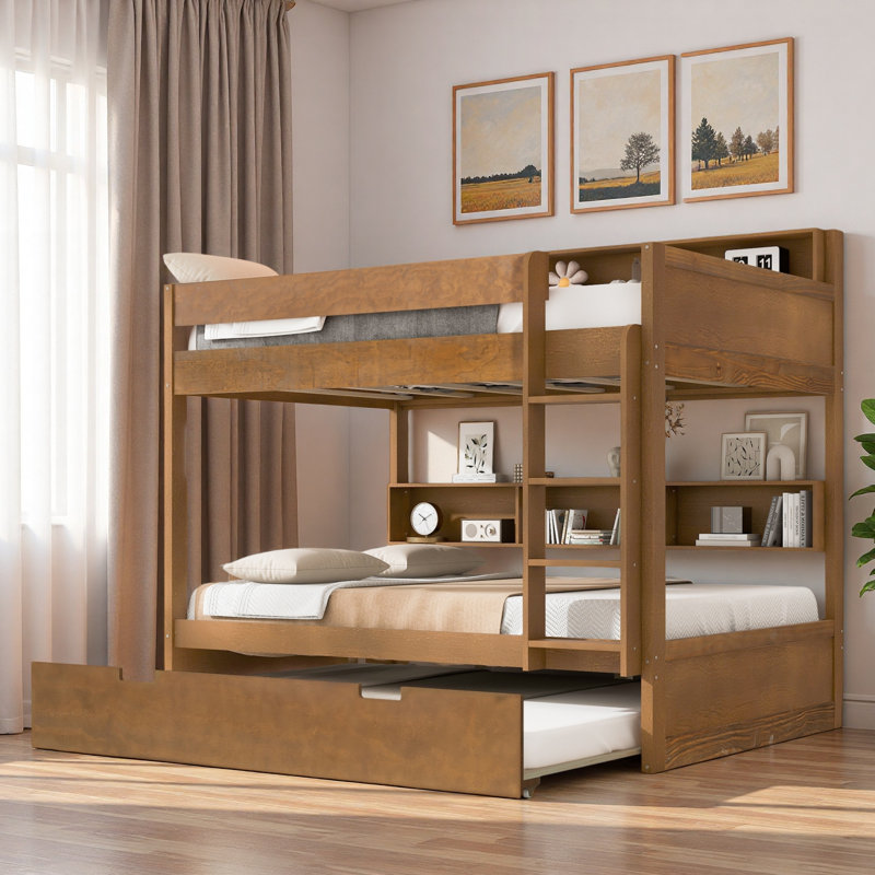 Lit superposé avec lit gigogne et rangement intégré, Simple sur simple, Bois antique