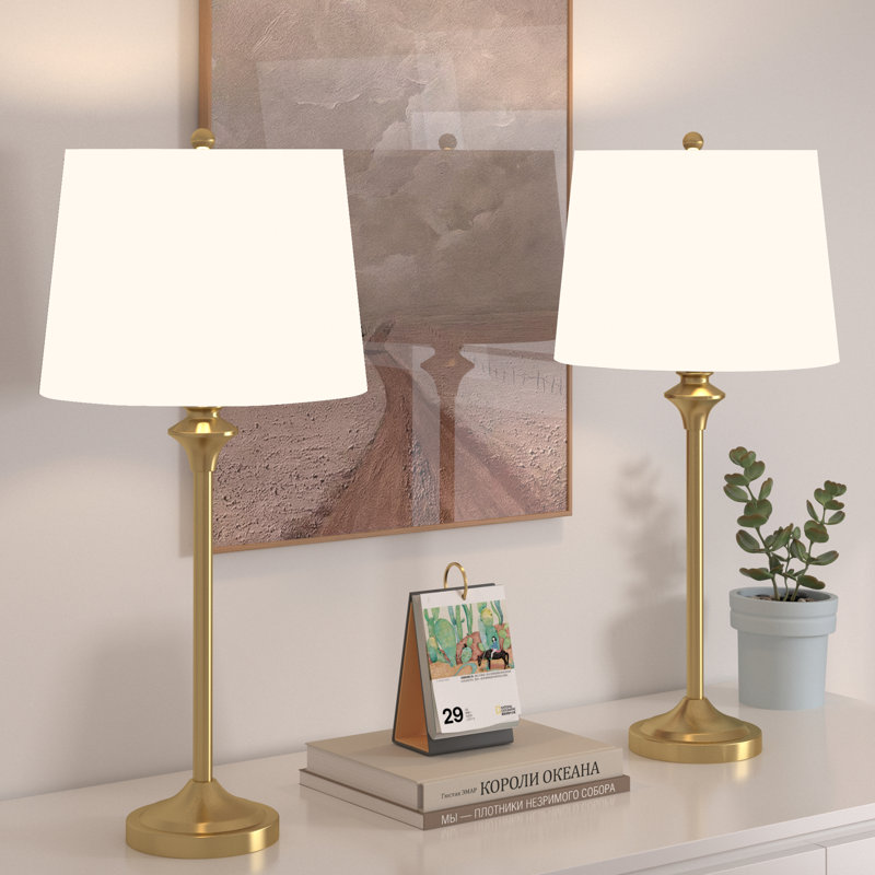 Lolley 26" Modern Polished Brass Metal Table Lamp with Knob Switch and Linen Shade, Polished Brass