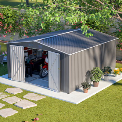12×14 ft Outdoor Metal Storage Shed, Large Garden Tool Shed with Lockable Double Doors, Waterproof Yard Building, Patio