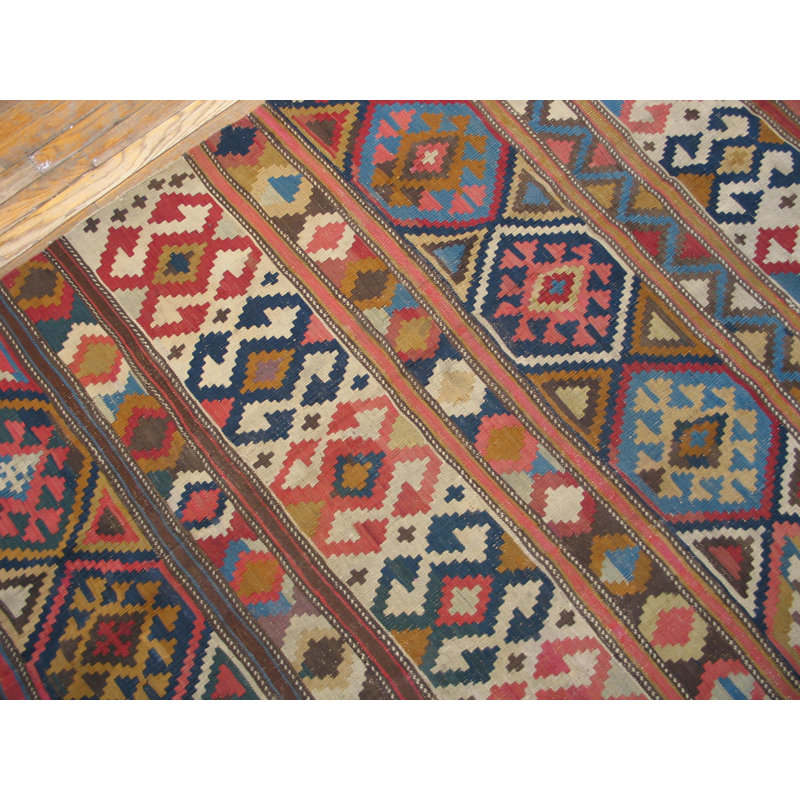 Antique Allover Geometric Wool Flat Weave Multicolor Jewel Tones 1920s Rug