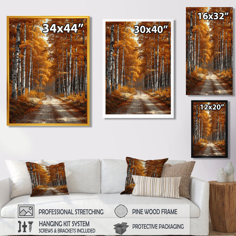 Chemin forestier de bouleaux blancs d'automne - salon d'art mural en bois de bouleau, Toile avec cadre flottant noir