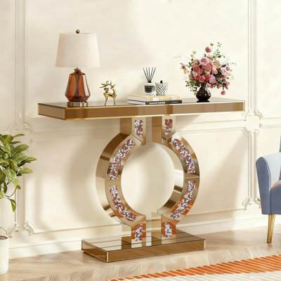 Console en miroir avec incrustations de diamants, 39,4 po de long entrée modulable, base moderne en forme de 0