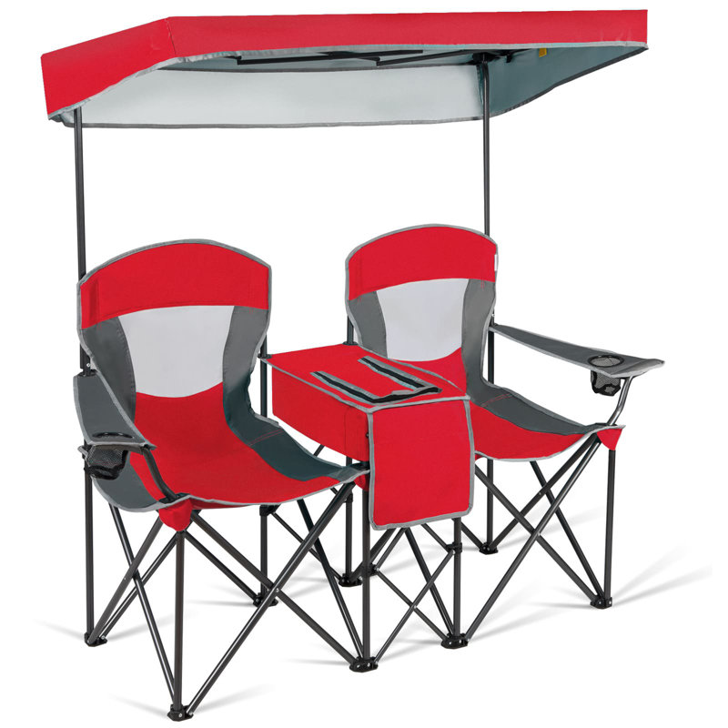 Double Sunshade Folding Chairs Outdoor 2-Person Chairs, Red