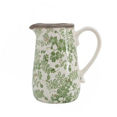 White Ceramic Pitcher Vase With Green Floral Pattern