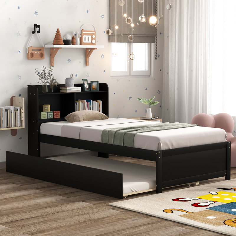 Lit plateforme pour enfant avec bibliothèque et lit gigogne simple, Simple, Espresso