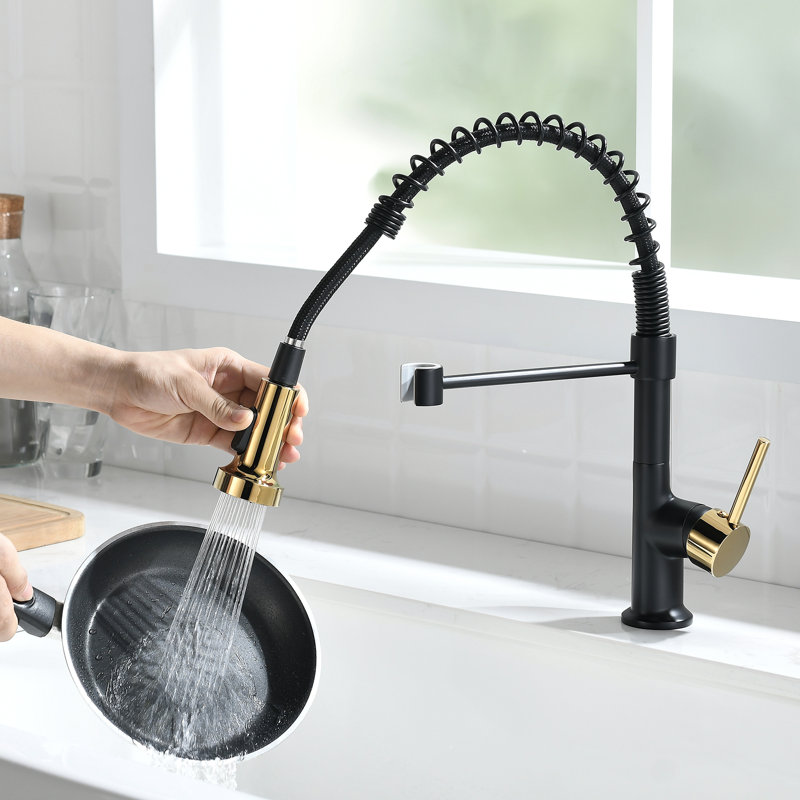 Clihome Pull Down Kitchen Faucet, Black/Gold