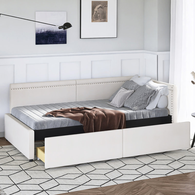 Lit de jour simple en L tapissier avec 2 tiroirs, Beige