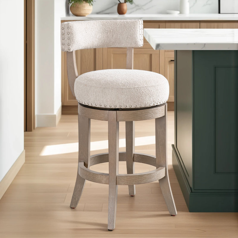 Granby Solid Wood Upholstered Swivel Barstool With Fabric Seat, Counter Stool (26" Seat Height), Washed Wood, 1