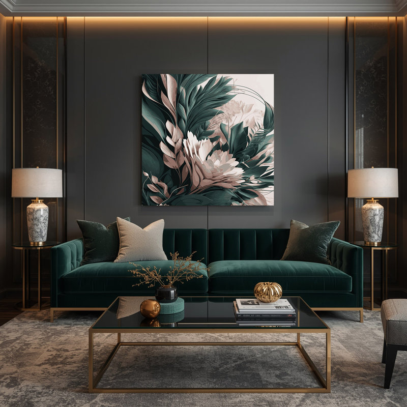 "Abstract Florals", art mural sur toile verte, H 32 po x l 32 po