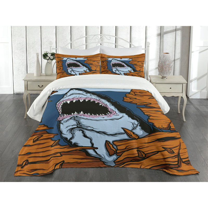 Ensemble de couvre-lit Ambesonne Shark Wild Fish, Couvre-lit pour très grand lit + 2 taies décorat