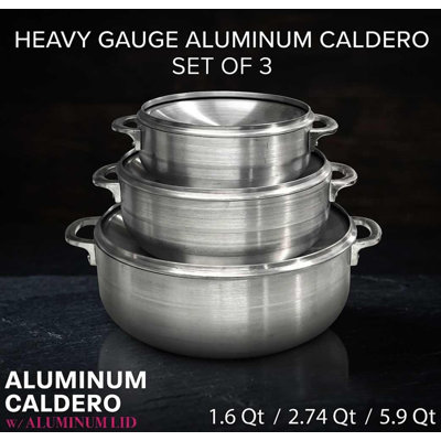 3 Pcs Set Heavy Gauge Aluminum Caldero With Lid. Set Includes 1.6 Qt, 2.74 Qt & 5.9 Qt.