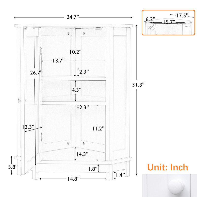 Corner Cabinet, Triangle Office Storage Cabinet with Adjustable Shelf, White