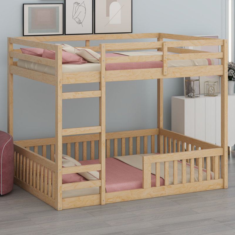 Lit superposé en bois avec échelle et garde-corps, Naturel