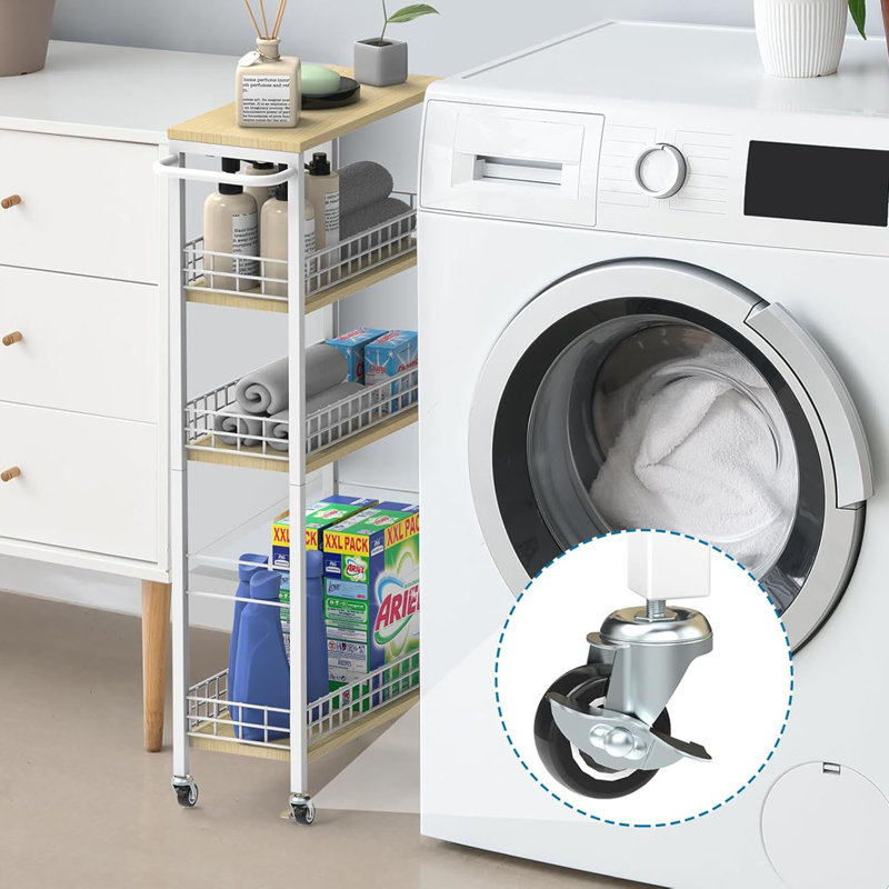 Laundry Storage Cart On Wheels And Wood Table Top Mobile Shelving Unit