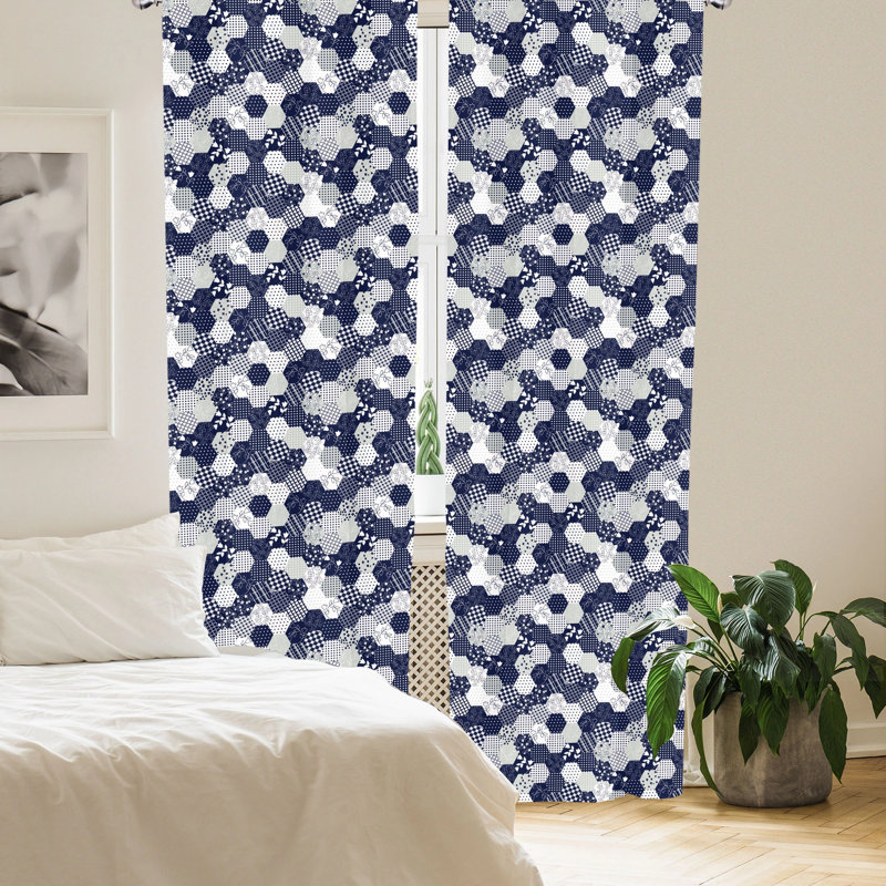 Navy and White Patchwork Rod Pocket Light Filtering Curtain Panels