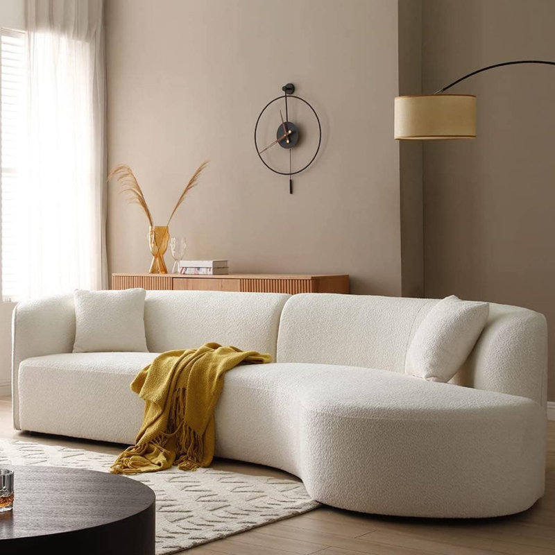 126.37" Boucle Upholstered Curved Sofa, Right Hand Facing, White Fabric