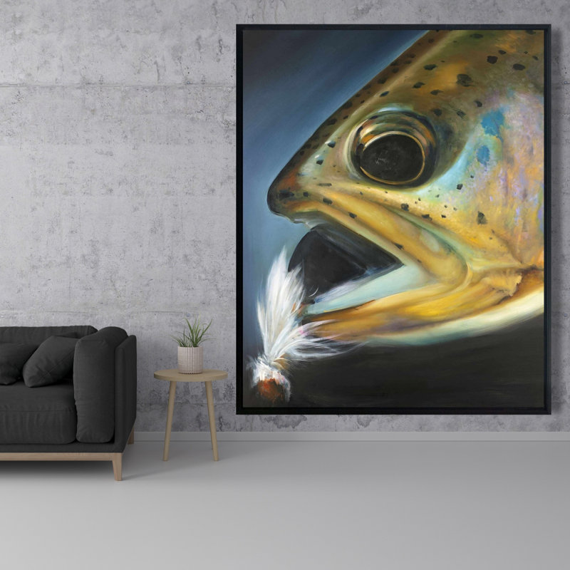 Truite dorée avec mouche de pêche, reproduction sur toile