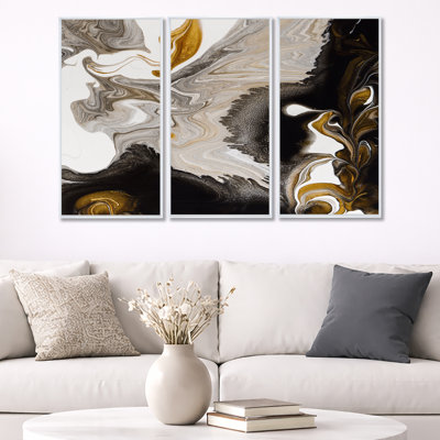 Vague de marbre doré et noir IV - ensemble de 3 peintures sur cadre flottant