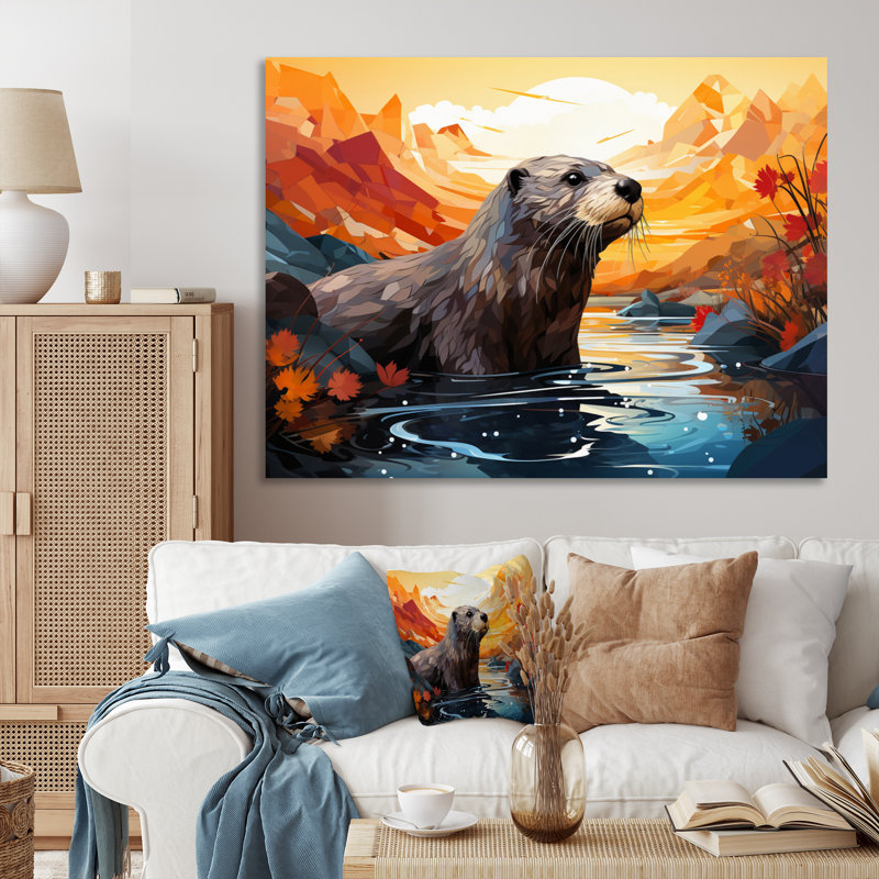 «Yellow Otter Playful River Dweller» sur toile, H 24 po x l 32 po x P 1 po, Toile tendue