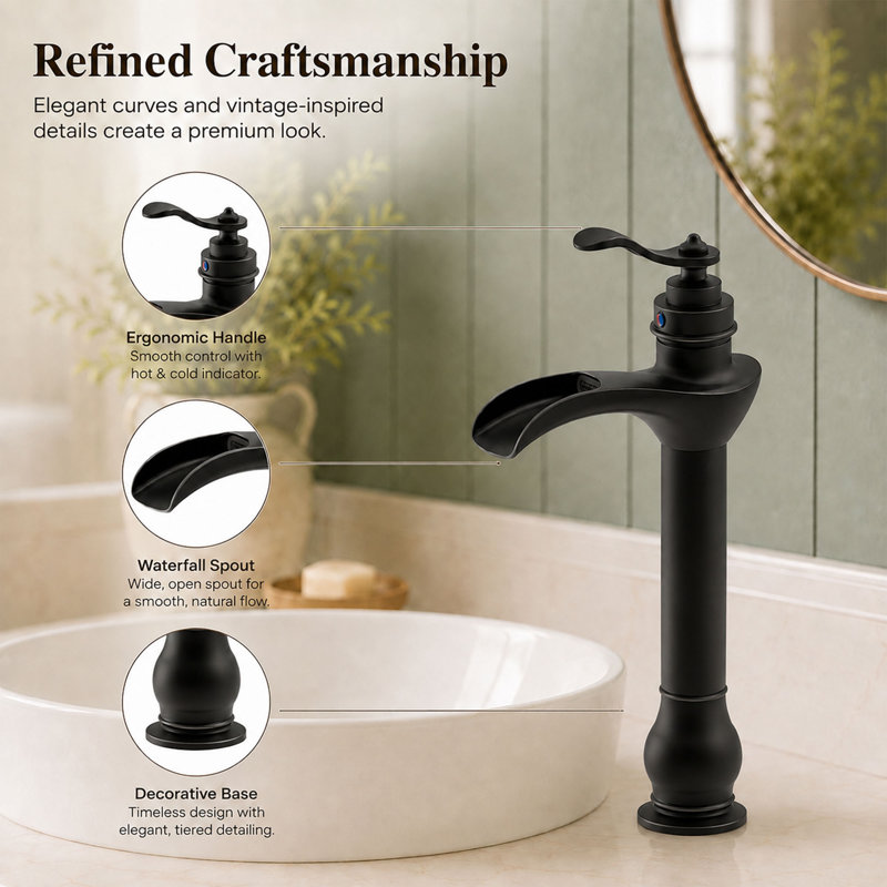 Waterfall Single Hole Single-Handle Vessel Bathroom Faucet., Matte Black
