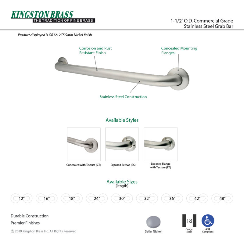 Kingston Brass Made To Match 1-1/2 Inch O.D Grab Bar, 48" W, Nickel