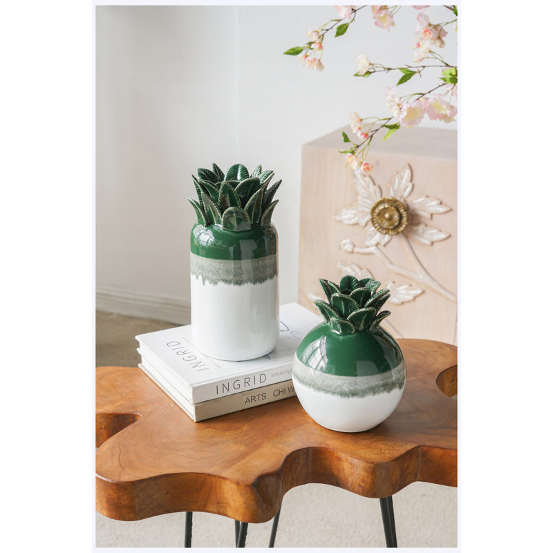 Grand vase en ananas en céramique ombré vert et blanc 9,8 ", grand vase décoratif en forme d'ananas