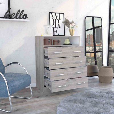 Commode à quatre tiroirs, plateau supérieur, une tablette ouverte, gris clair / blanc