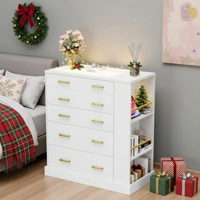 Commode à tiroirs avec éclairage à DEL et plateau en verre trempé, commode en bois de l 31,71 po avec rangement latéral et rangement pour bijoux, armoire pour îlot de rangement, idéal pour le salon, la chambre à coucher, blanc