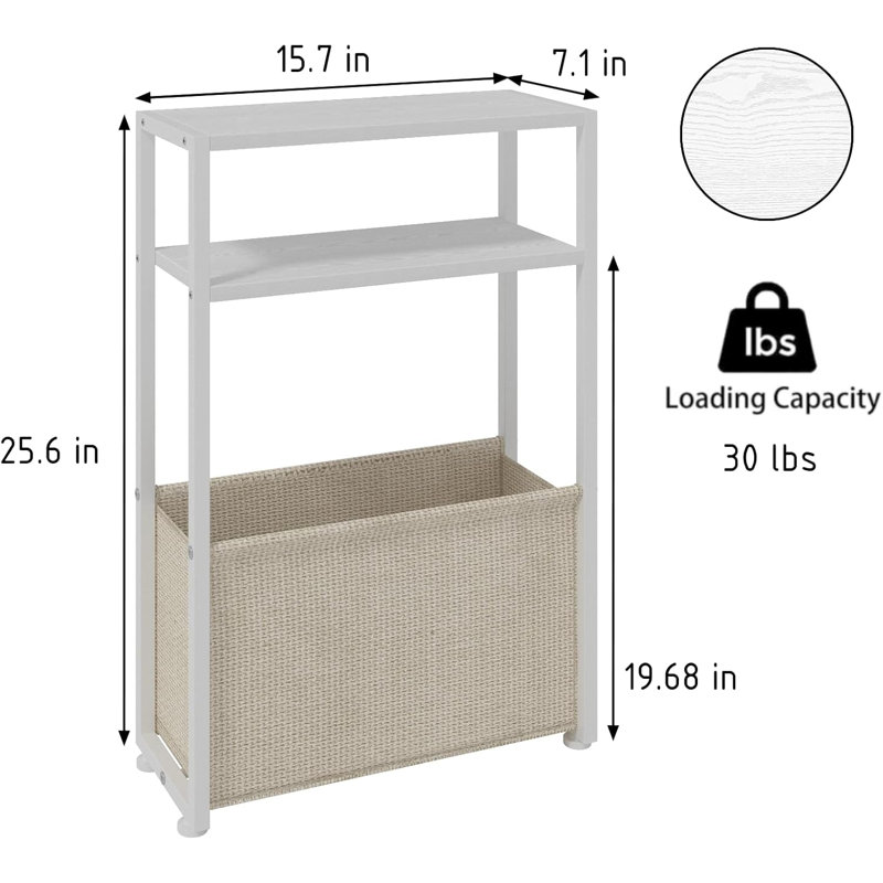 Slim White Metal Side Table with Fabric Basket