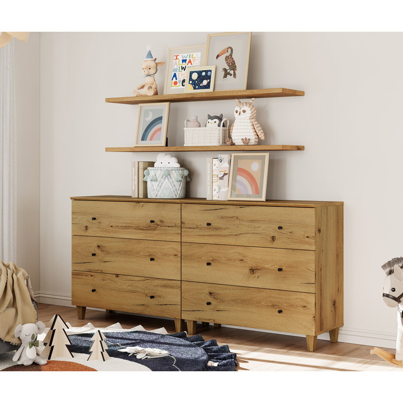 71"W Kids Dresser With 6 Drawers For Children's Room, 2-In-1 Dresser For Bedroom, Oak Brown