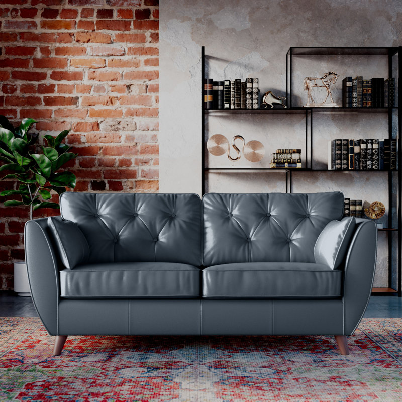 Marylin Leather 3 Seater Sofa, Navy, Dark Wood