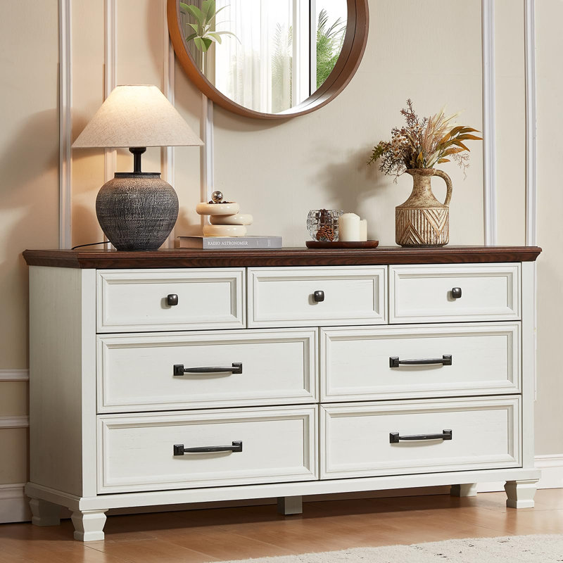 Farmhouse 7 Drawer Dresser for Bedroom, 54” Wood Dresser for Closet, Large Rustic Wooden Dressers, Chest of Drawers for Bedroom, Hallway, Entryway (White)