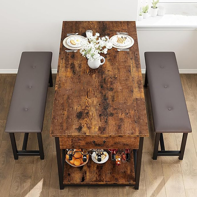 Ensemble de table de salle à manger de cuisine avec bancs rembourrés, Brun