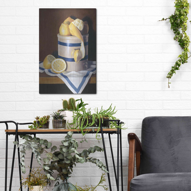 «Blue Stripes Lemons» par Cecile Baird, H 16 po x l 12 po