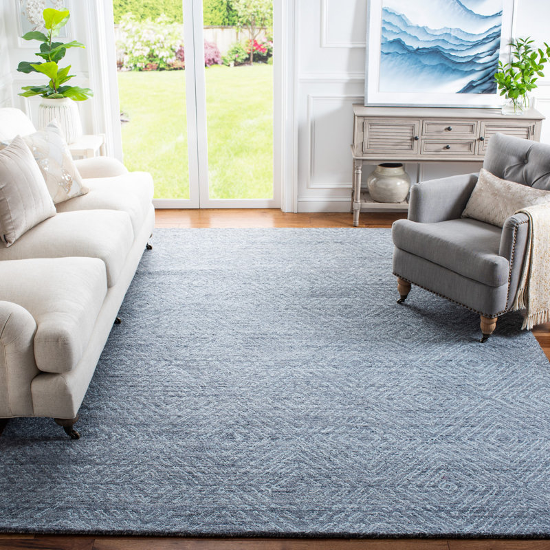 Handmade Abstract Blue Tufted Wool Blend Area Rug, 10' x 14'