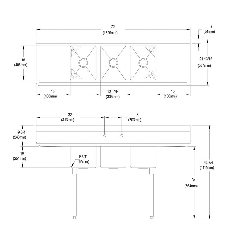 Évier de service autoportant L 72 po x l 21,81 po Dependabilt
