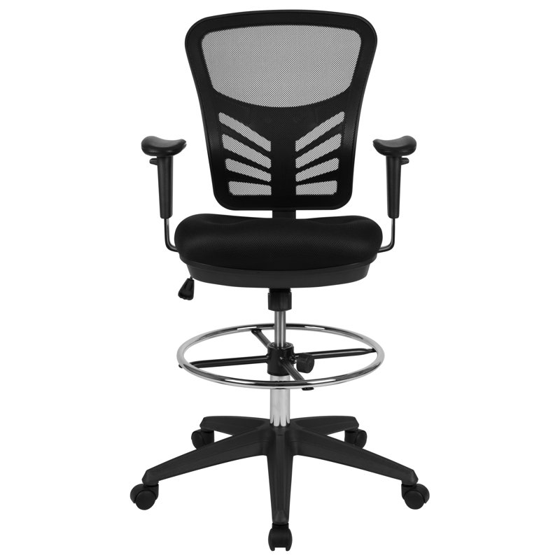 Mid-Back Mesh Ergonomic Drafting Chair with Adjustable Chrome Foot Ring, Adjustable Arms, Black, Black