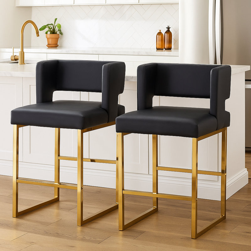 Faux Leather Upholstered Counter Bar Stool (Set of 2), Black, Gold