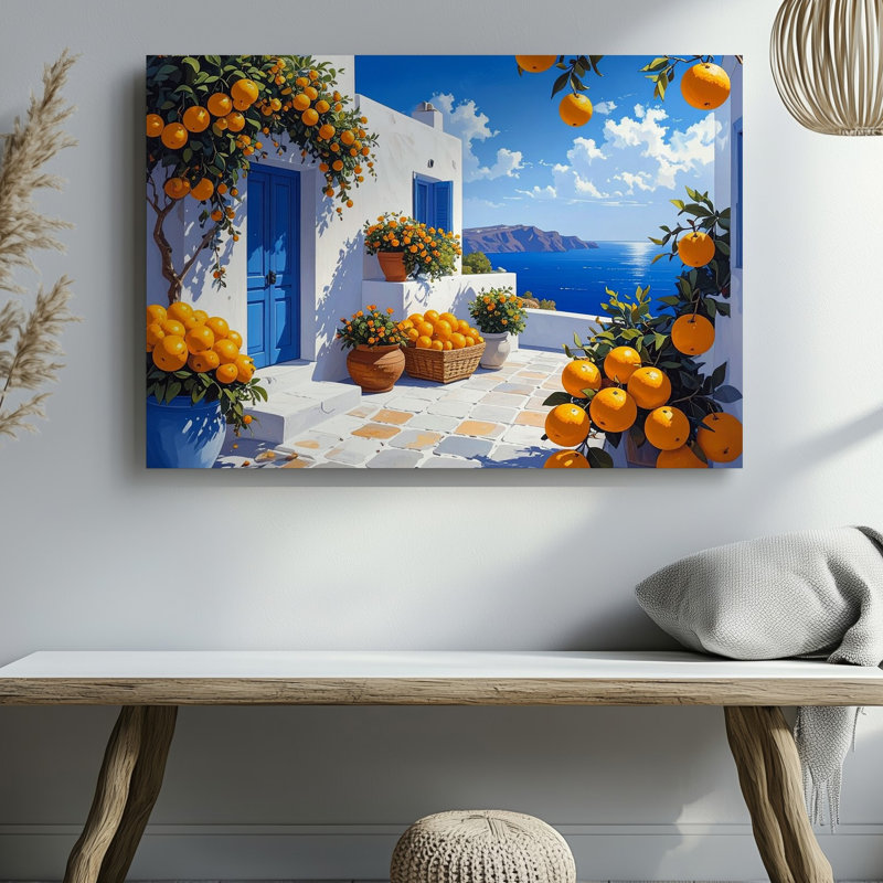 Art méditerranéen, rue orange, village côtier sur toile, H 30 po x l 40 po